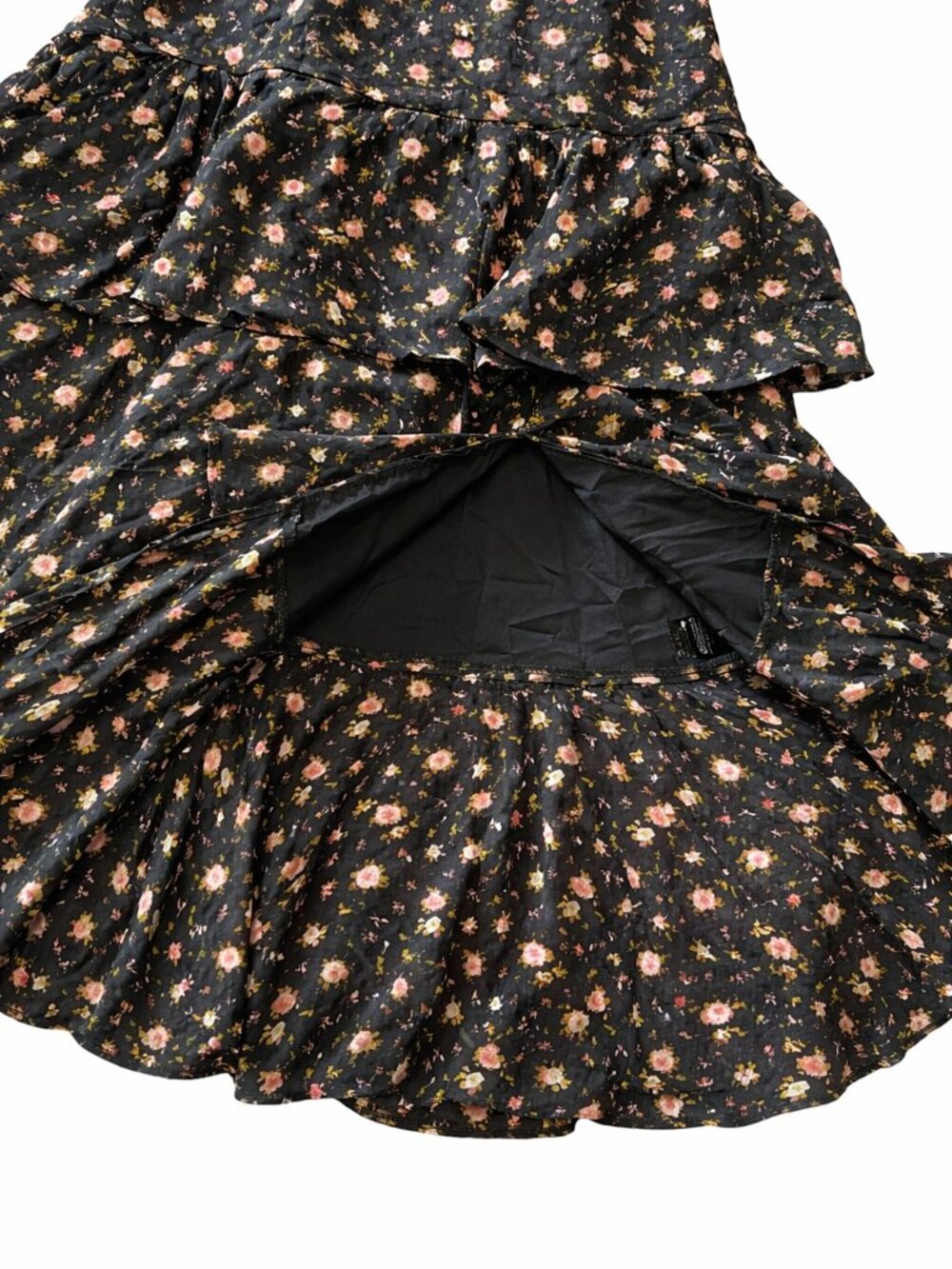 WAYF Floral Maxi Dress XS Black Ditsy Tiered Ruffle V-Neck Puff Sleeve Slit NWT - Picture 3 of 5